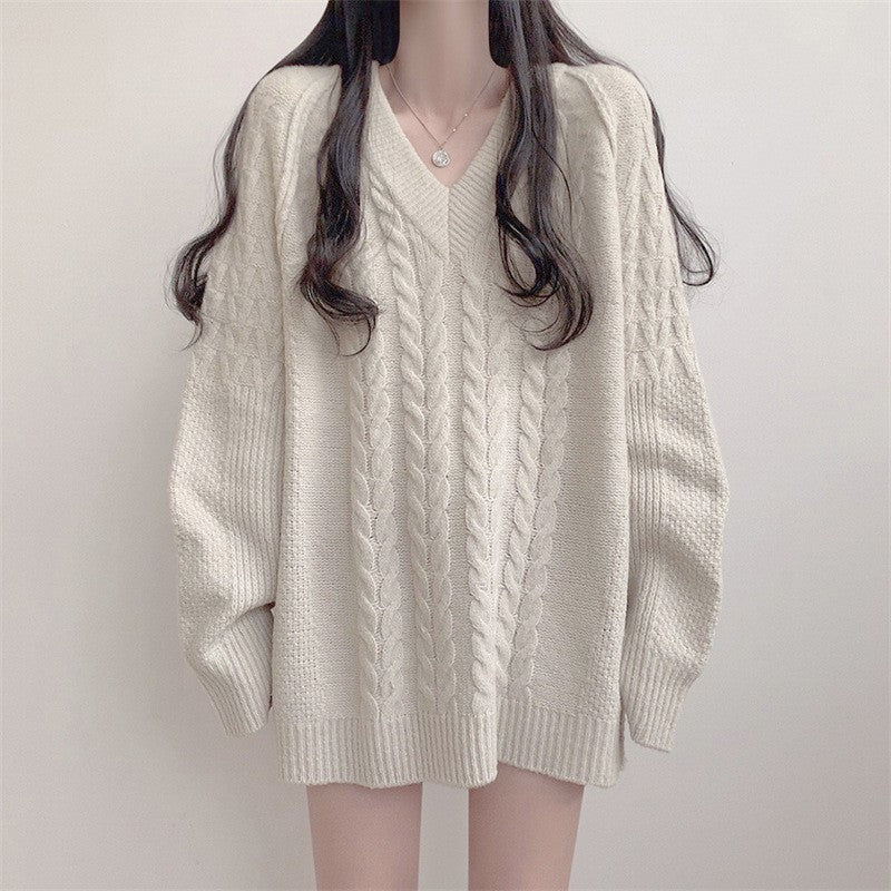 Damen Strickpullover V-Ausschnitt Großes Zopfmuster Norvielle - Norvielle