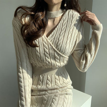 Damen Strickkleid Zopfdesign Elegant Schlitz Beige