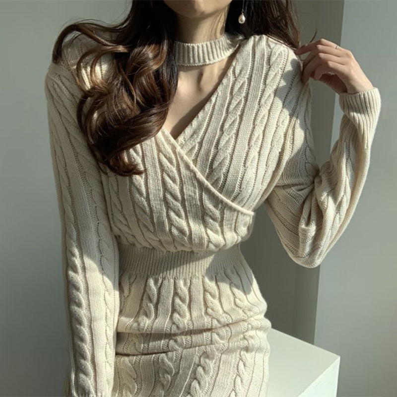 Damen Langkleid Strick Zopfmuster Hochtaillenschnitt Bunt