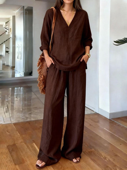 Damen Leinen-Oberteil und Palazzo-Hosen-Set Leinen Beige