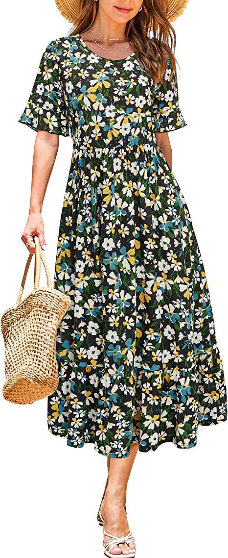Damen Midikleid Floralmuster Volantabschluss