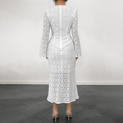 Damen Spitzenkleid V-Ausschnitt Voluminöse Ärmel