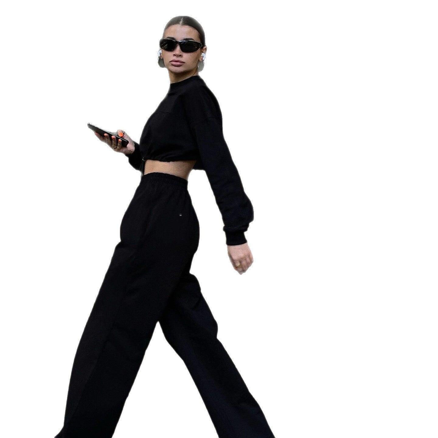 Damen Kombi-Set Cropped-Oberteil Weite Hose Elastischer Bund