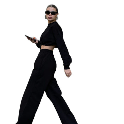 Damen Kombi-Set Cropped-Oberteil Weite Hose Elastischer Bund