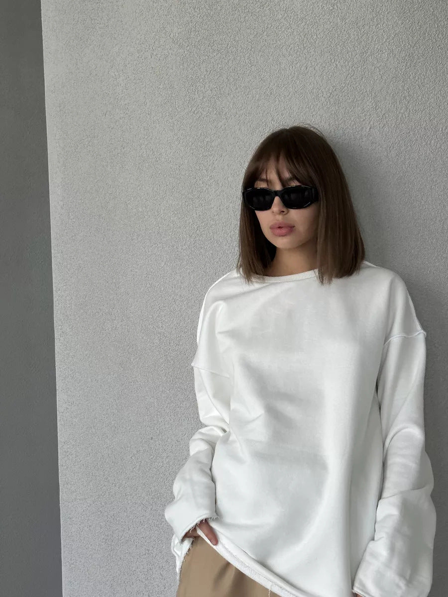 Damen Oversize-Pullover Lässig Französer Saum Beige