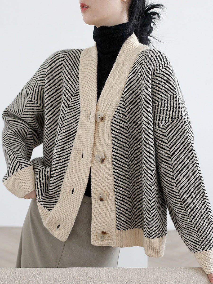 Damen Strickjacke Chevron-Muster Elegante Knöpfe Norvielle