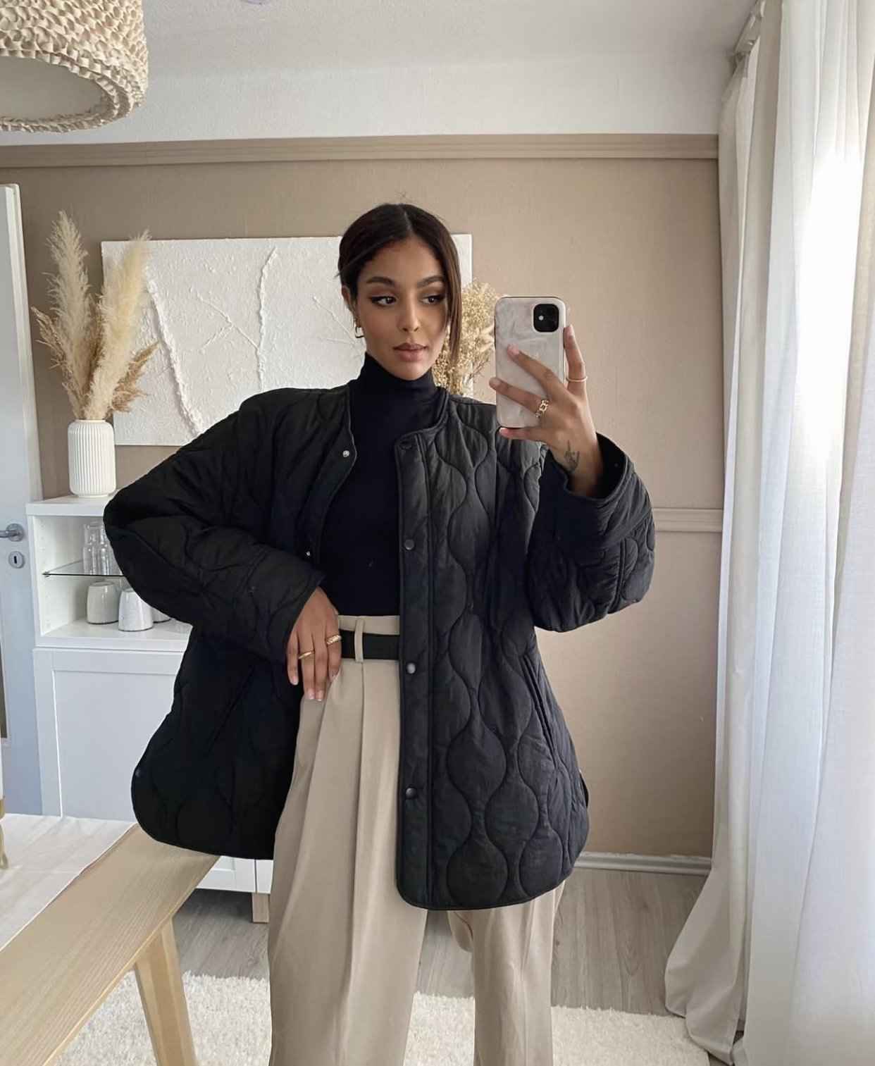 Damen Leichte Steppjacke mit Knöpfen Schwarz - Norvielle