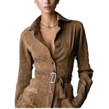 Damen Hemdblusenkleid Tailliert Gürtel Seitentaschen Norvielle