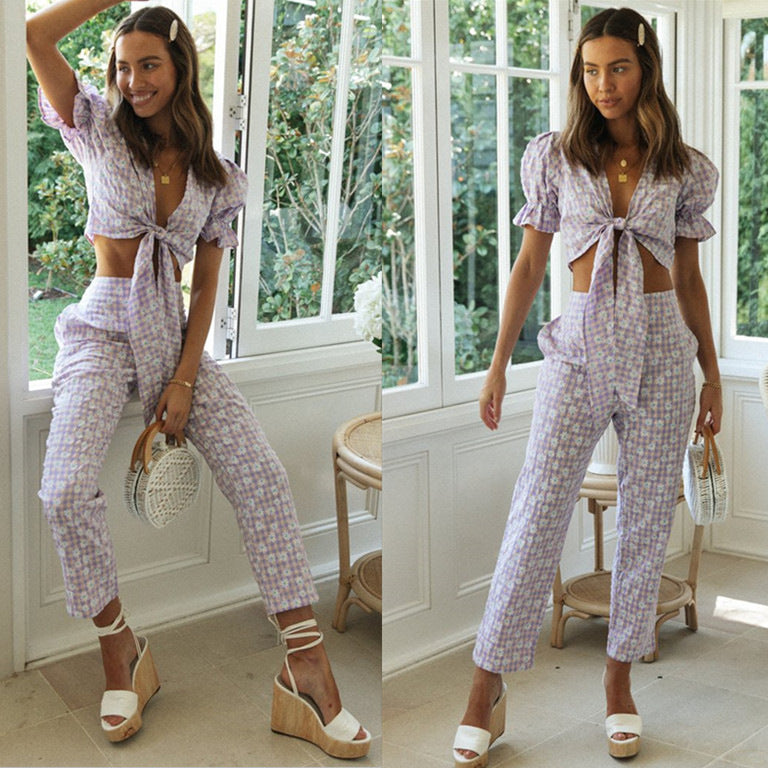 Damen Zweiteiliges Set mit Knoten Oberteil und weiten Hosen - Norvielle