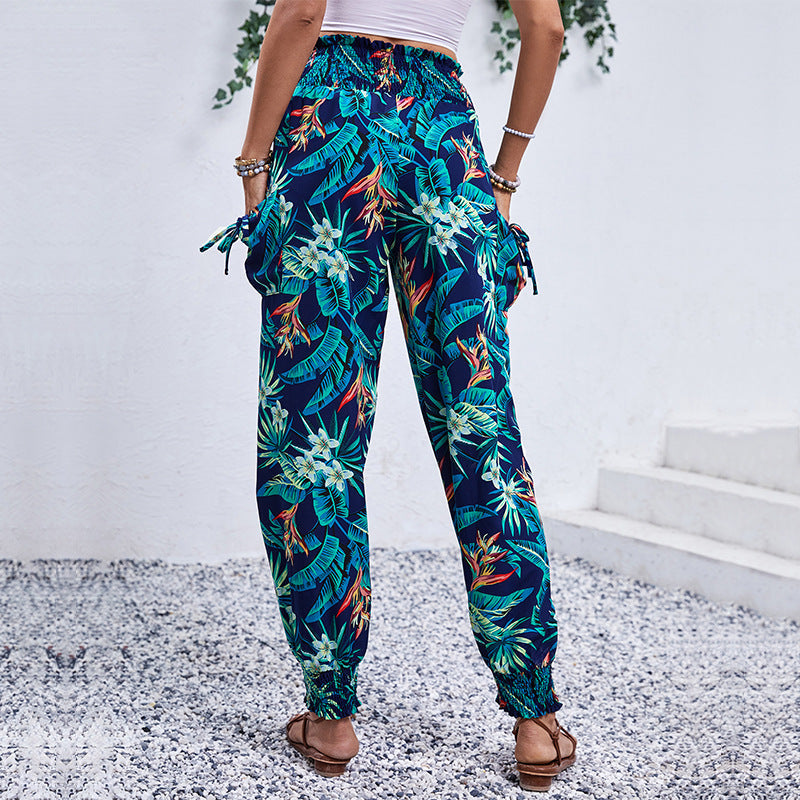 Damen Cargo-Hose Elastischer Bund Bunter Blätter-Print Norvielle