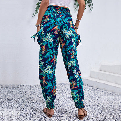 Damen Cargo-Hose Elastischer Bund Bunter Blätter-Print Norvielle