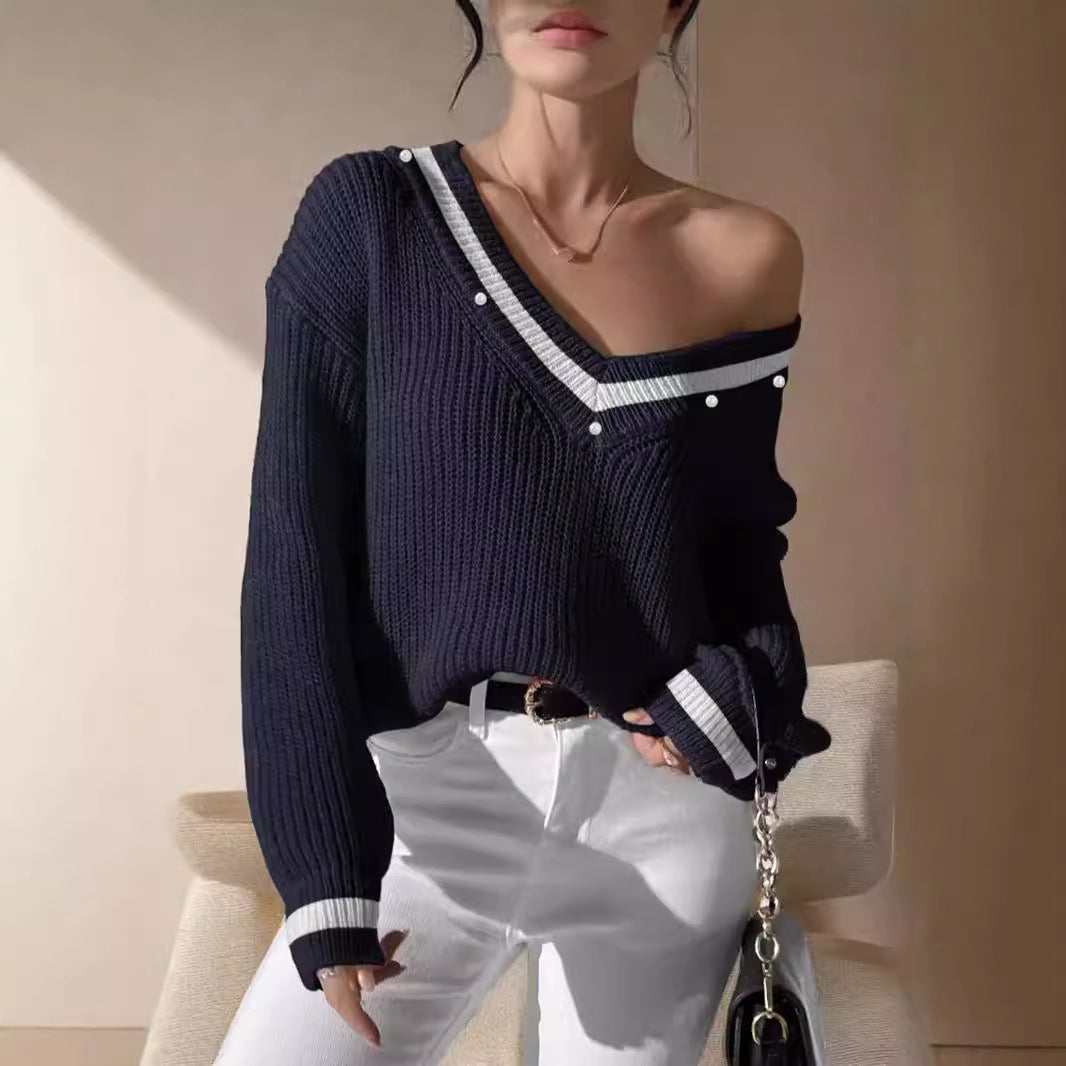 Damen Oversized Pullover V-Ausschnitt Perlenakzente Norvielle - Norvielle