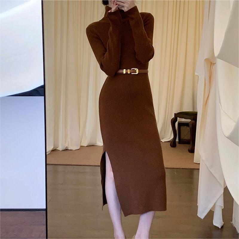 Damen Strickkleid Hochkragen Seitenschlitz Norvielle