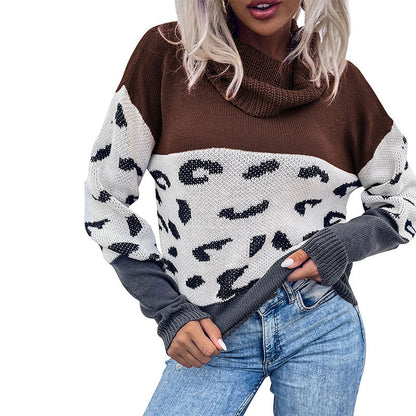 Damen Strickpullover Leopard-Muster Hochkragen Norvielle