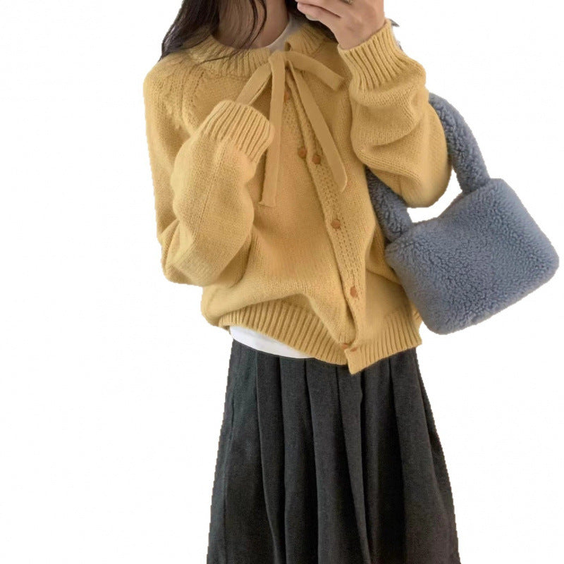 Damen Strickcardigan Leicht Mit Schleifenband Beige