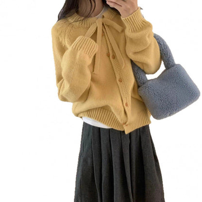 Damen Strickcardigan Leicht Mit Schleifenband Beige