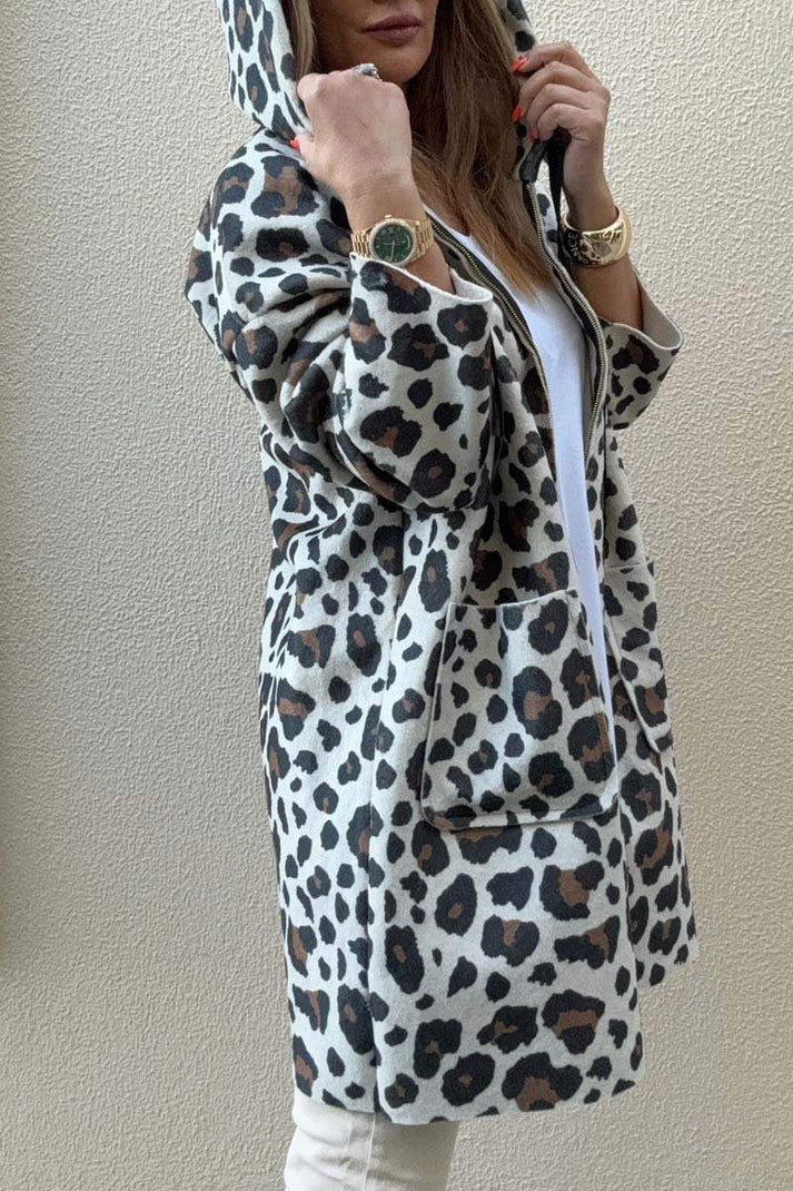 Damen Kapuzenjacke Leopardenmuster Baumwolle Taschen