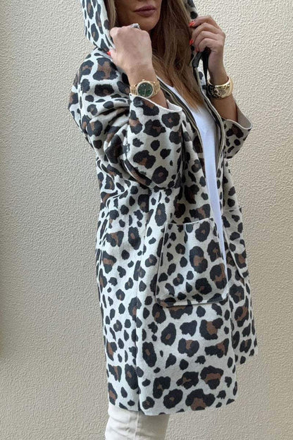 Damen Kapuzenjacke Leopardenmuster Baumwolle Taschen