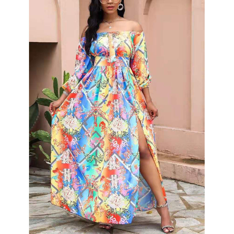 Damen Maxikleid Offene Schulter Barockmuster Norvielle