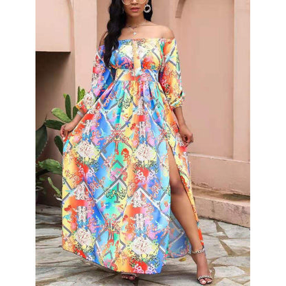 Damen Maxikleid Offene Schulter Barockmuster Norvielle