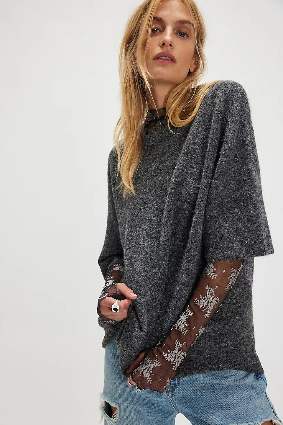 Damen Sweatshirt Halbtransparent Spitze Lässiger Schnitt Norvielle