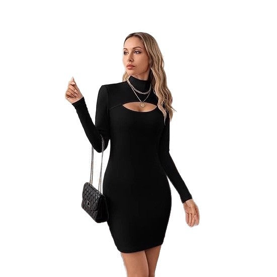 Damen Minikleid Figurbetont Cut-Out Ausschnitt Hochgeschlossen