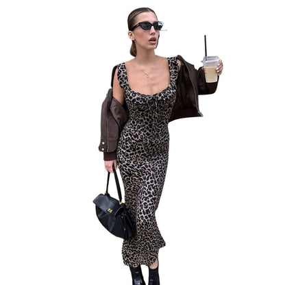 Damen Maxikleid Leopardenmuster V-Ausschnitt