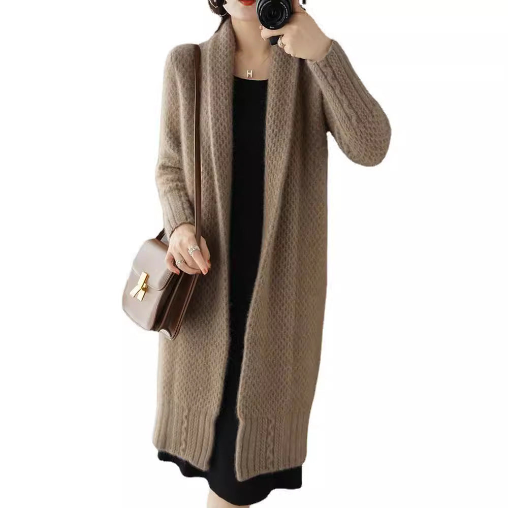 Damen Strickjacke Offene Front Zopfmuster Beige