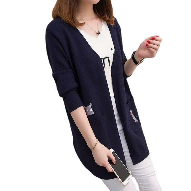 Damen Strickjacke Katzenmotiv Taschen Norvielle