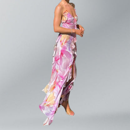 Damen Maxikleid Florale Rüschen Eleganter Schlitz