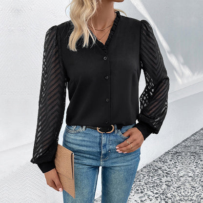 Damen Bluse Rüschendetails transparente Spitze Norvielle