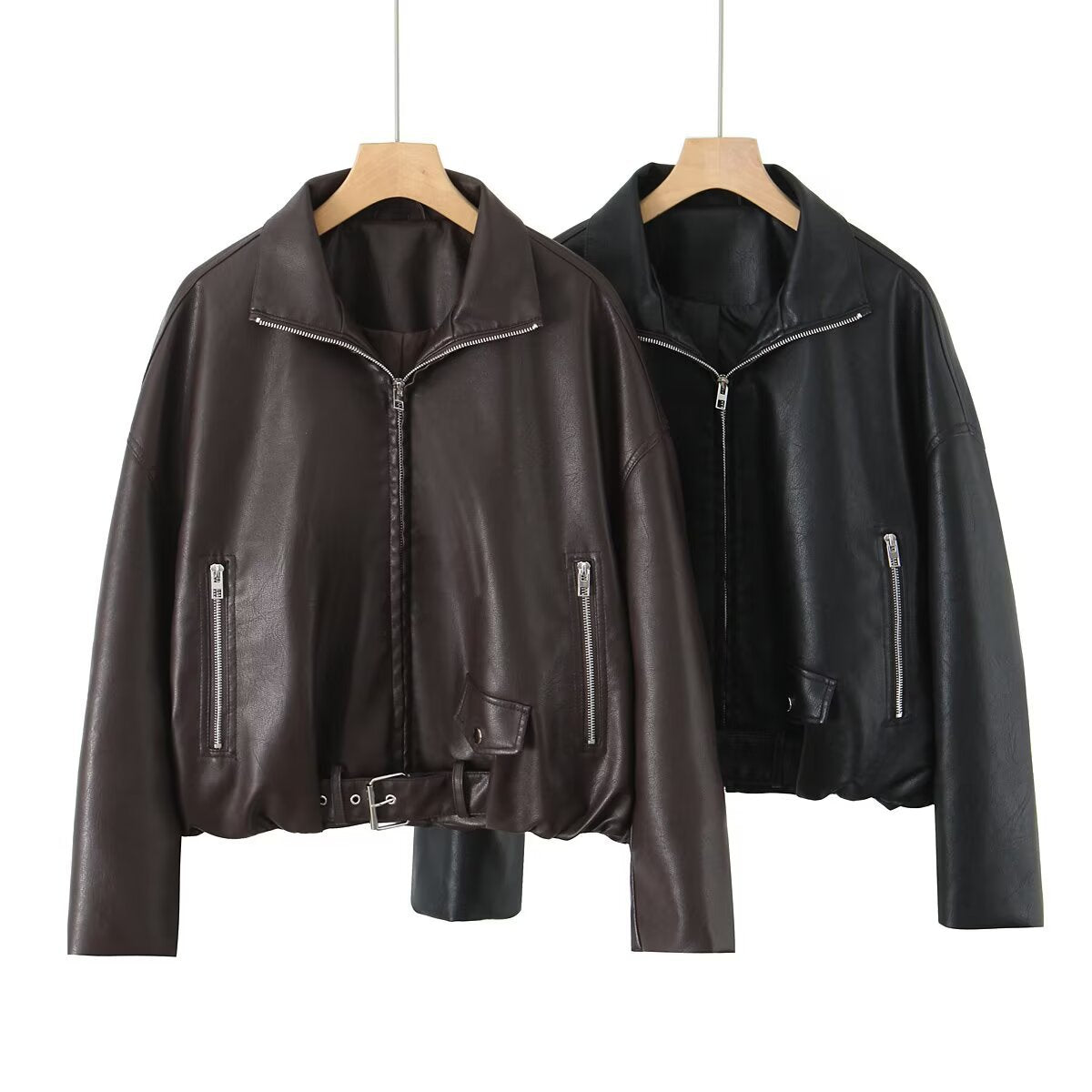 Damen Kunstlederjacke Hochkragen Einzigartiges Design Schwarz - Norvielle