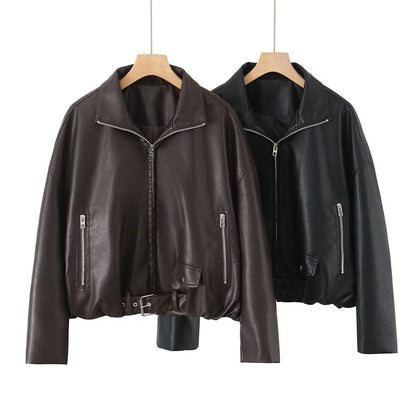 Damen Kunstlederjacke Hochkragen Einzigartiges Design Schwarz - Norvielle