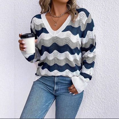 Damen Pullover V-Ausschnitt Wellenmuster Luftig Norvielle