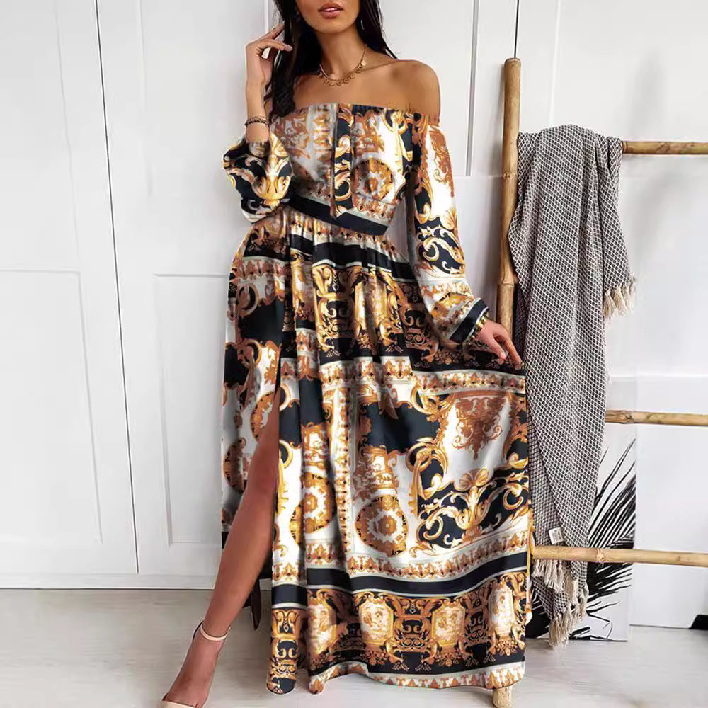 Damen Off-Shoulder Maxikleid Plissiert Hohes Schlitz