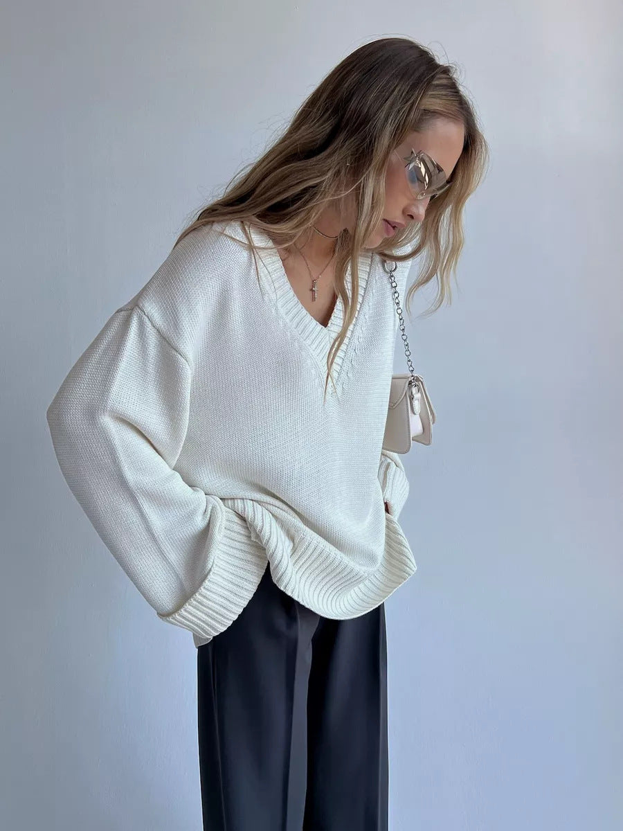 Damen Strickpullover Oversized V-Ausschnitt Beige