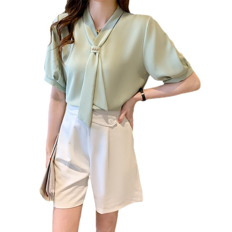 Damen Bluse Dekorativer Schlupf Puffärmel Elegantes Design