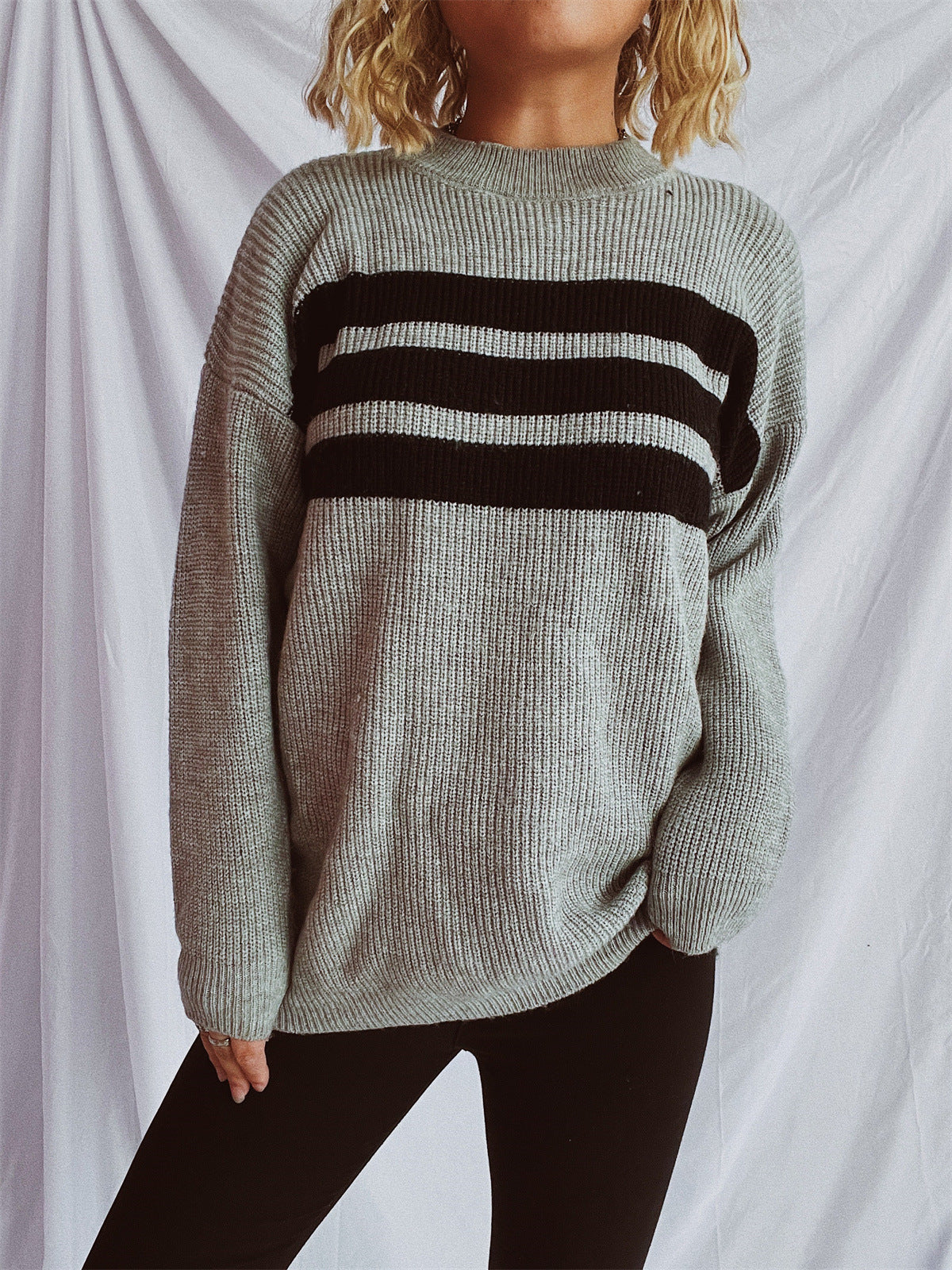 Damen Strickpullover Oversized Horizontale Streifen Beige