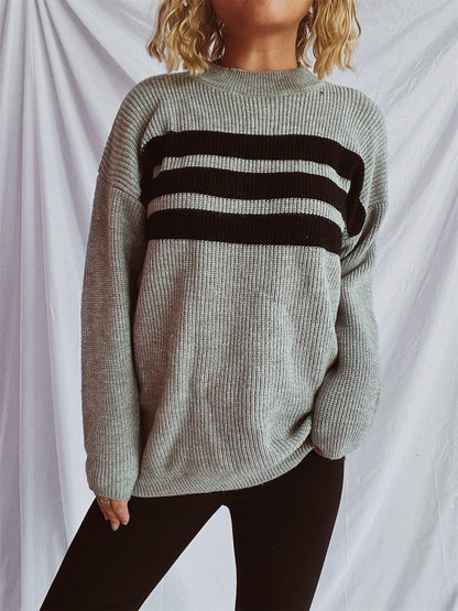 Damen Strickpullover Oversized Horizontale Streifen Beige