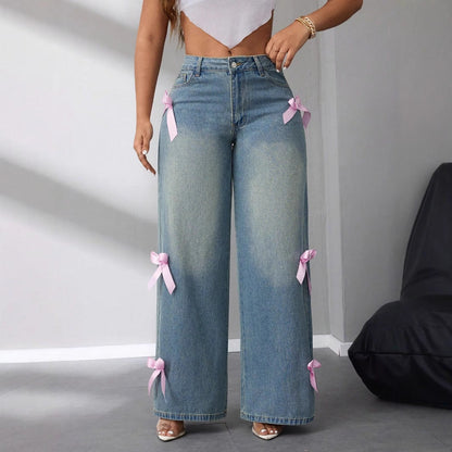 Damen High-Waist Jeans Weite mit Schleifenapplikationen Schwarz - Norvielle