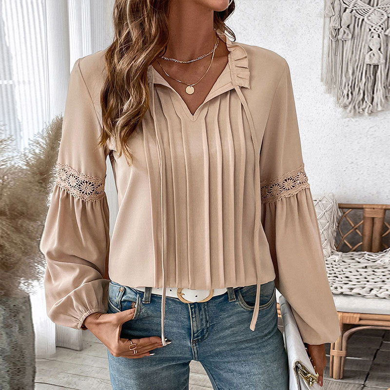 Damen Longbluse Spitzenakzente Feine Falten Norvielle - Norvielle