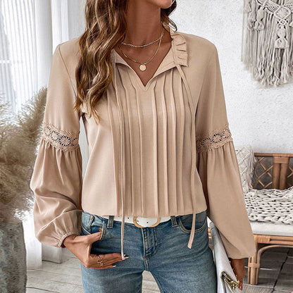 Damen Longbluse Spitzenakzente Feine Falten Norvielle - Norvielle