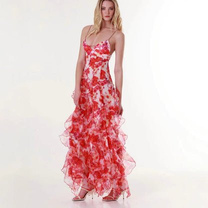 Damen Maxikleid Chiffon Rüschendetails Floralmuster Norvielle
