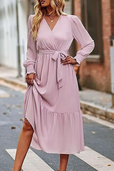 Damen Midi-Kleid V-Ausschnitt Bindegürtel Elegantes Kleid