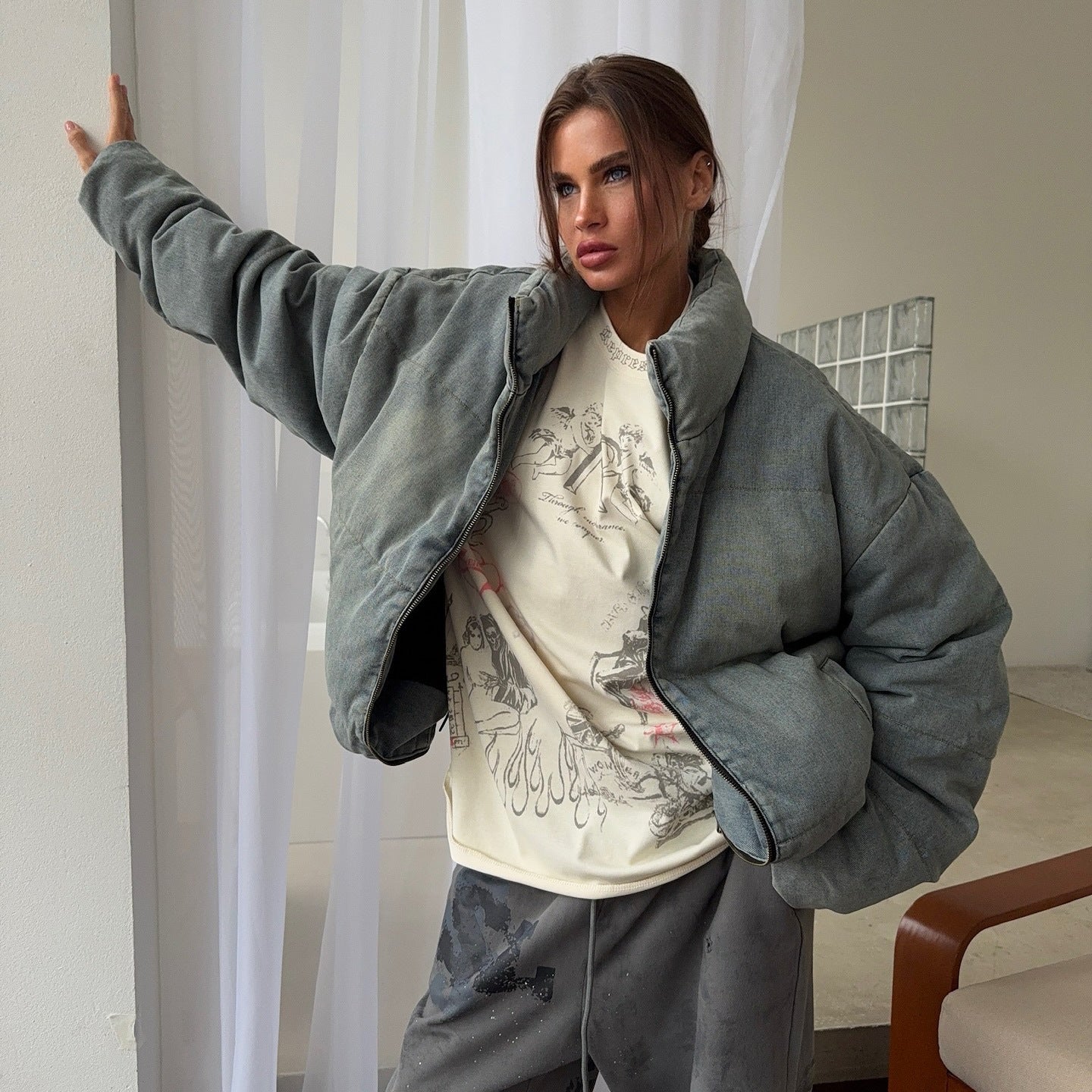 Damen Oversized Steppjacke Hochkragen Norvielle