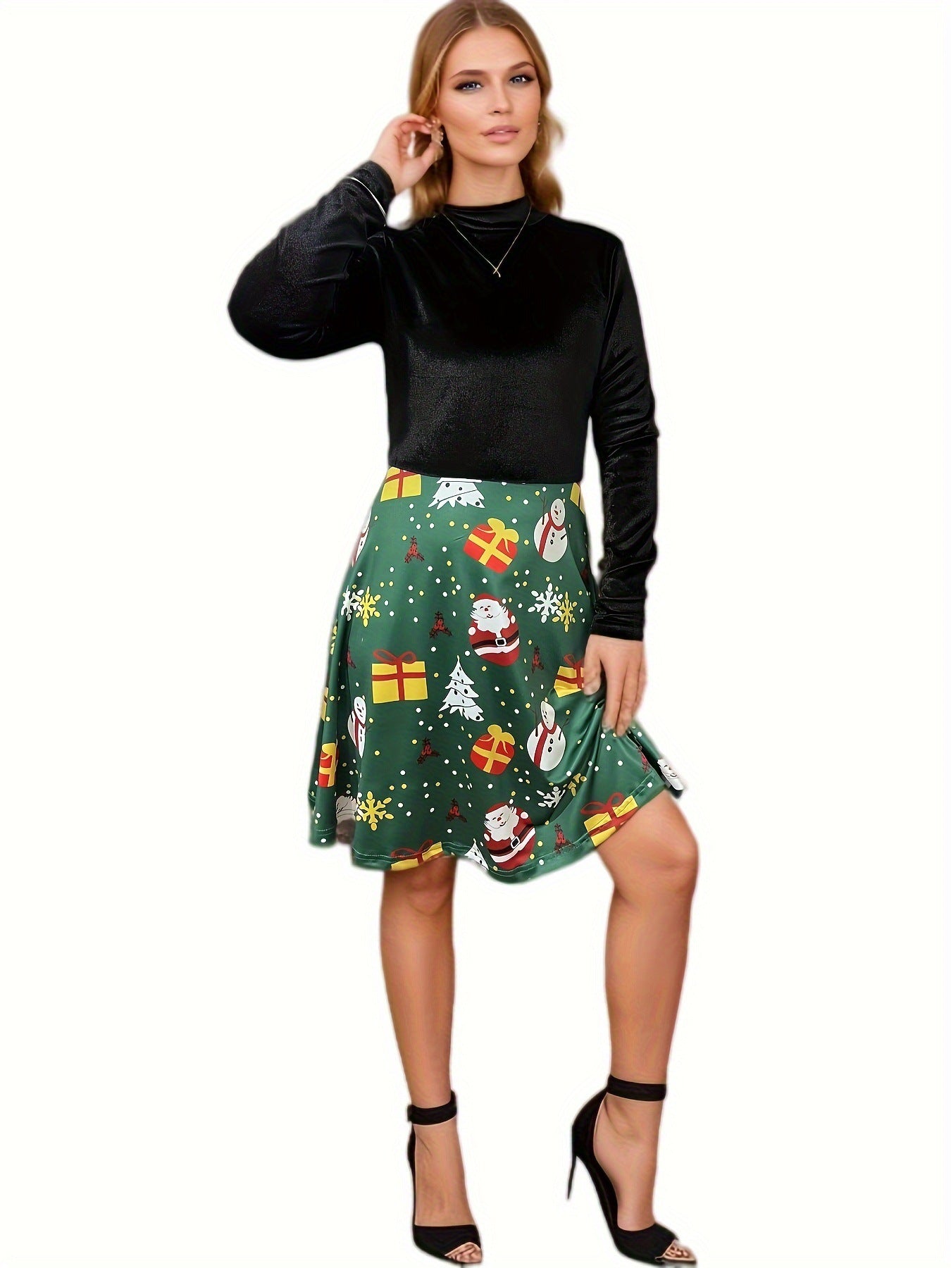 Damen Karo-Kleid Hochgeschlossen Fließender Rock Norvielle