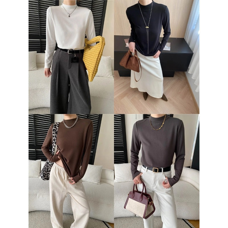 Damen Langarmshirt Hochkragen Norvielle Baumwolle Weiß