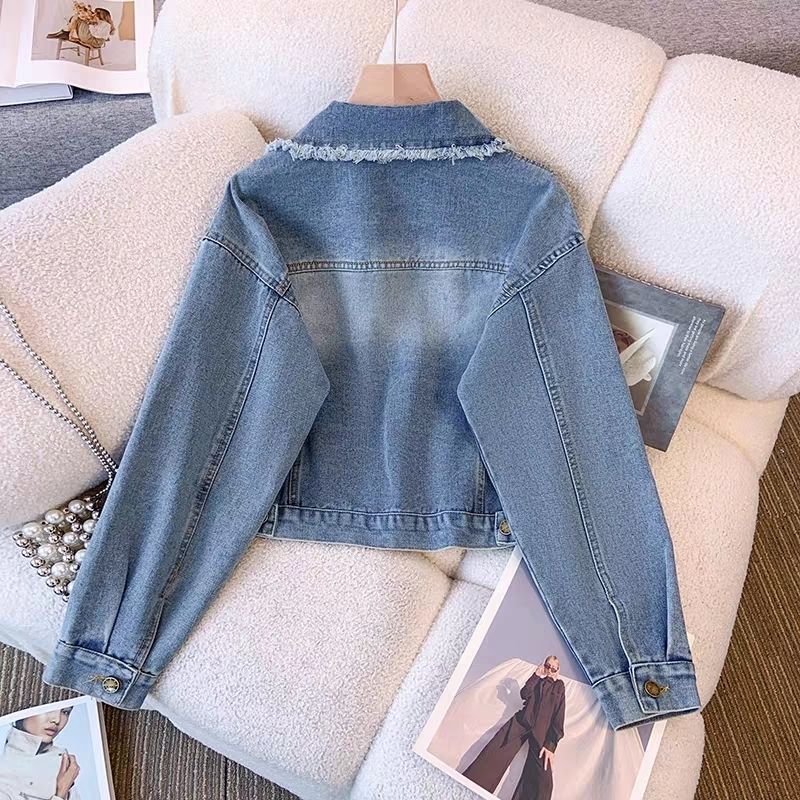Damen Cropped Denimjacke Fransen Knöpfe