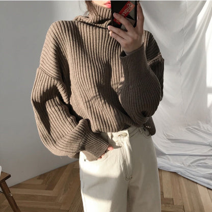 Damen Grobstrickpullover Hoher Kragen Voluminöse Ärmel Norvielle