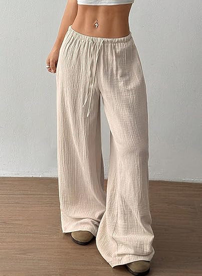 Damen Sommerhose Weite Luftige Baumwolle Kordelzug Beige